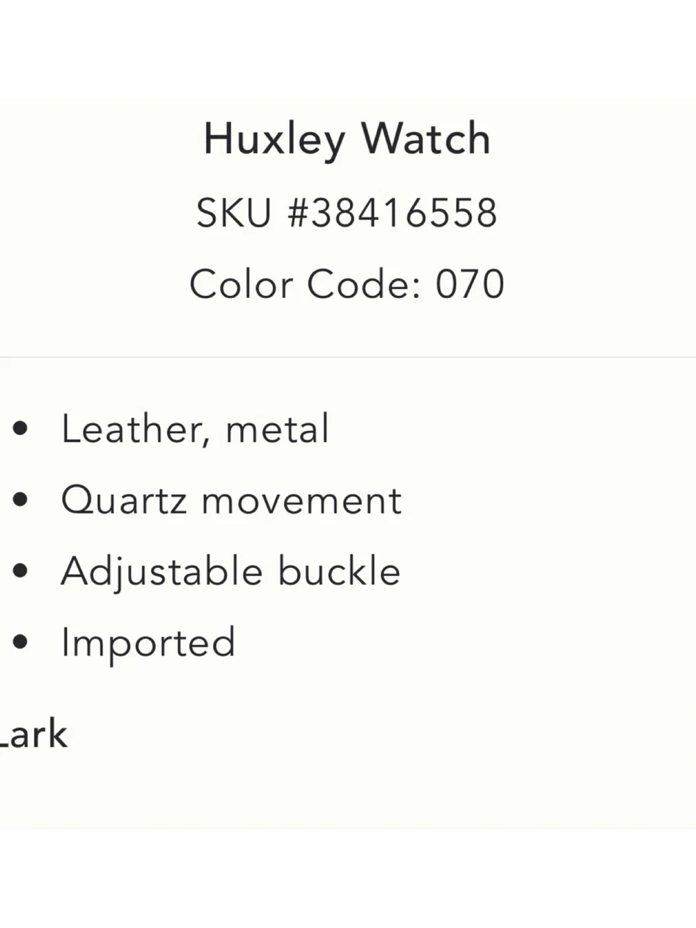 NWOT** Anthropologie LARK London Huxley Leather Watch **Needs Battery